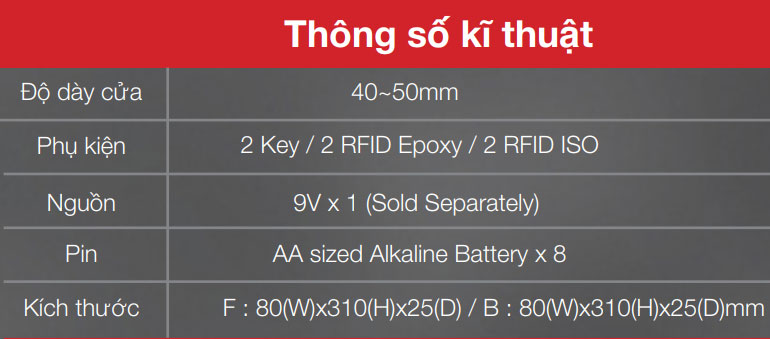 Thông số kỹ thuật khóa cửa điện tử Epic ES - F9000K/9000K