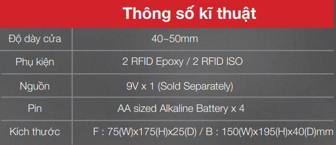 Thông số kỹ thuật khóa cửa Epic ES - F500D