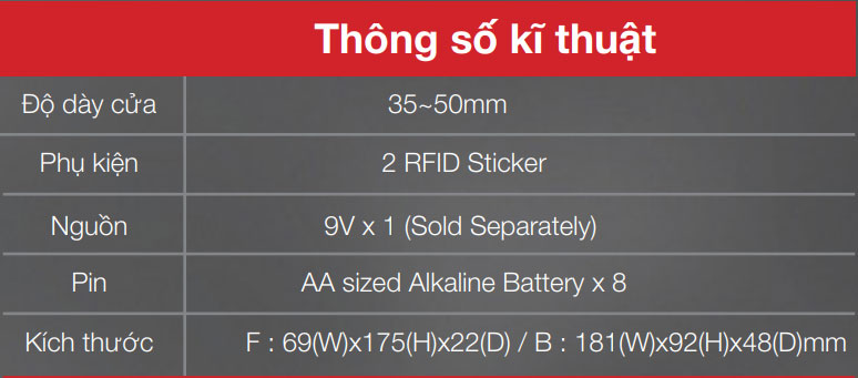 Thông số kỹ thuật khóatừ Epic TOUCH M/H